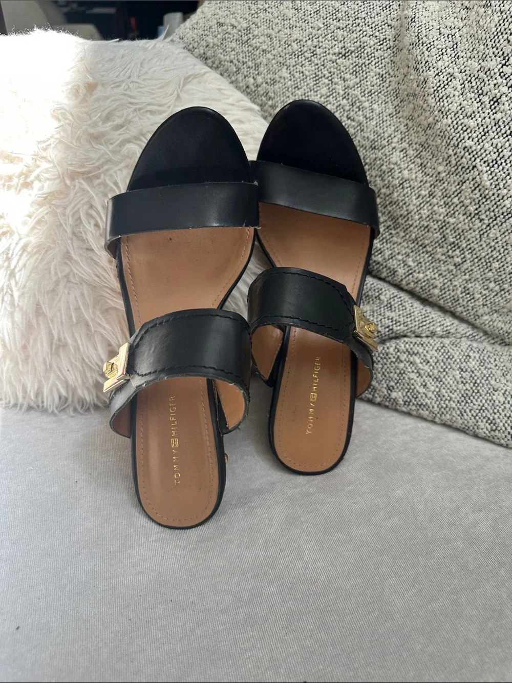 Tommy Hilfiger Black Leather Cork Wedge Sandals with Gold Buckle